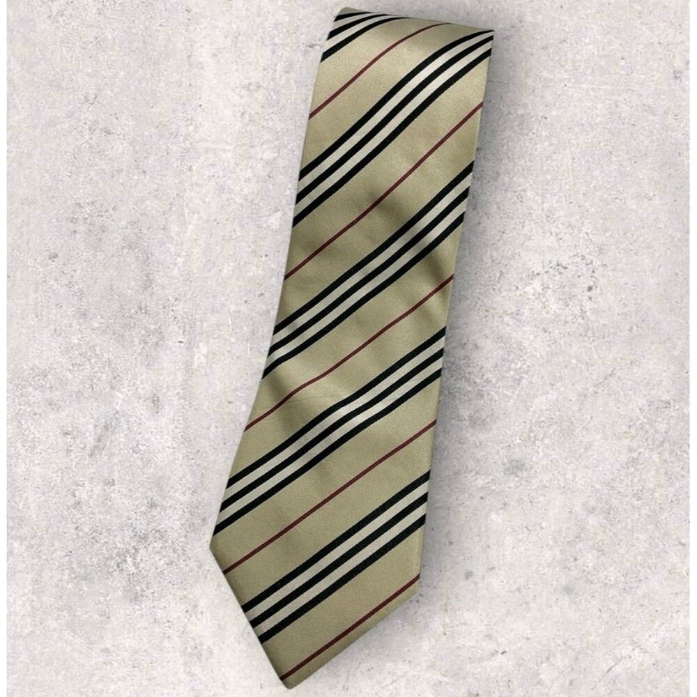 BURBERRY Silk Tie ITALY Beige Black Burgundy Striped W:3.8" EUC